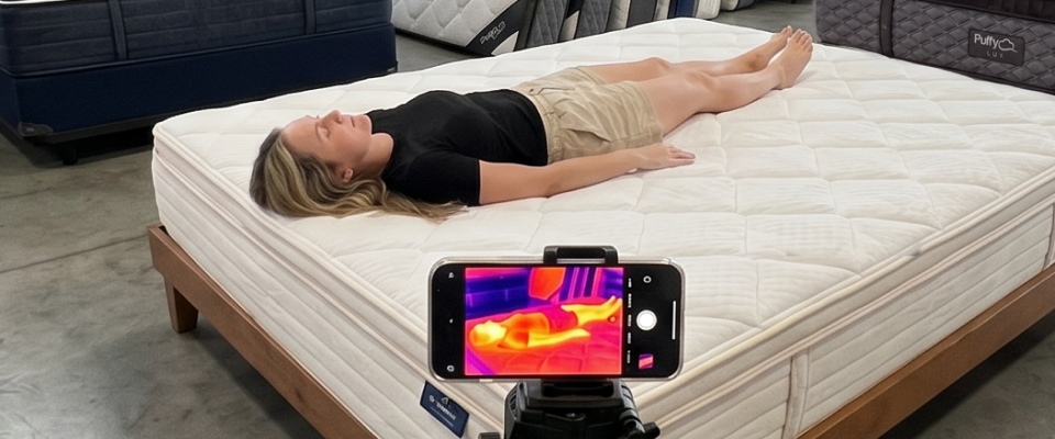 Thermal camera setup recording a person lying on a mattress