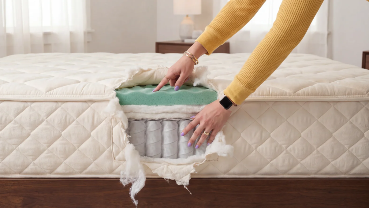 Mattress layers peeled back to show foam and coils